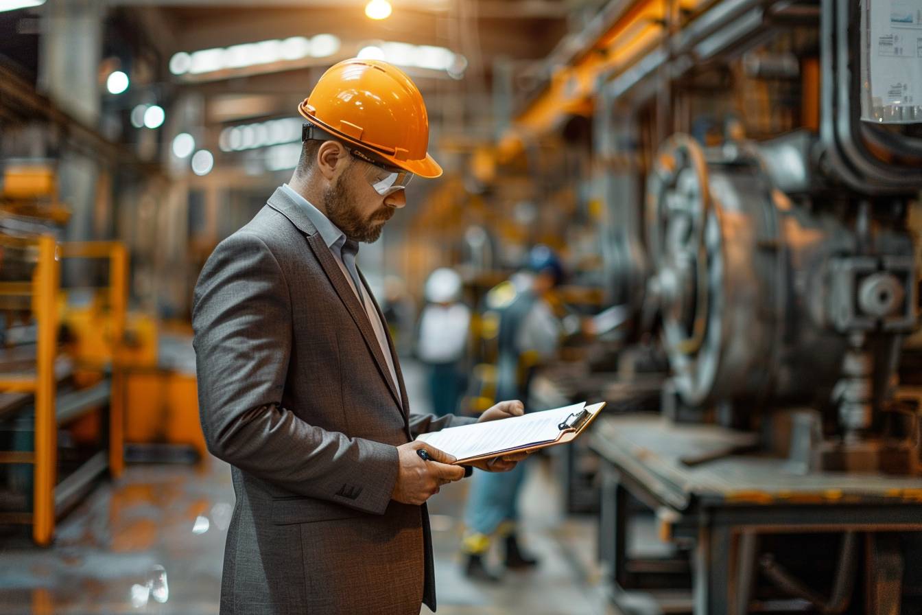 homme en costume avec un casque blanc portant un bloc note et des lunettes sur un chantier