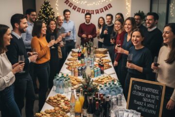personnes autour d une table avec de la nourriture et des verres à la main fêtant les fêtes de fin d'année