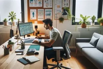 jeune homme regardant un écran d'ordianteur avec une mauvaise posture, sur le mur des affiches et on voit une fenêtre