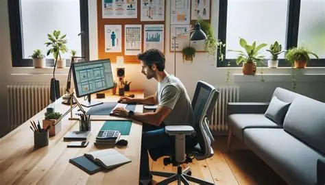 jeune homme regardant un écran d'ordianteur avec une mauvaise posture, sur le mur des affiches et on voit une fenêtre