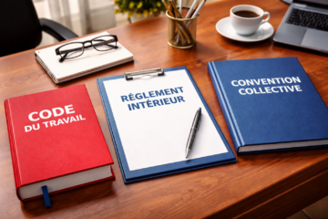 code du travail, convention collective et réglement intérieur posés sur un bureau avec un stylo