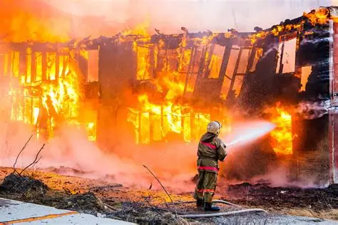 Un pompier en tenue de protection combat un incendie dans un bâtiment en flammes, illustrant la maîtrise des gestes de sécurité incendie.