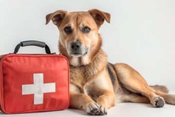 chien allongé à côté d’une trousse de secours rouge – formation premiers secours animaliers VD FORMATIONS Rouvroy Hauts-de-France Lens Douai Reims Metz prévention santé et bien-être animal
