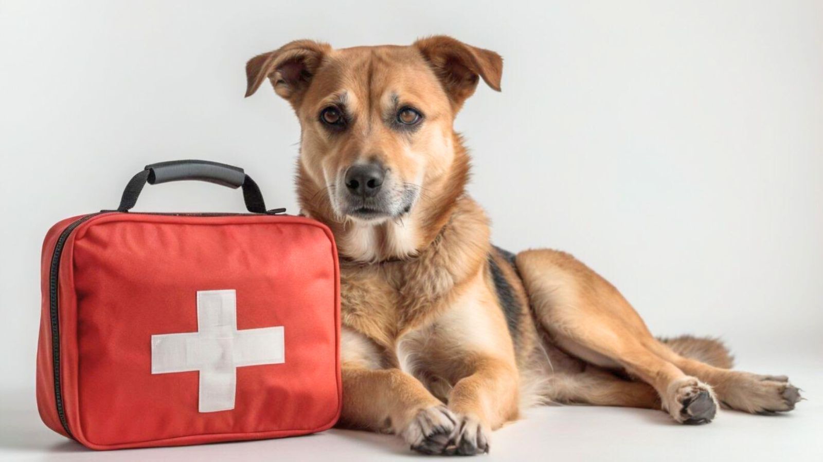 chien allongé à côté d’une trousse de secours rouge – formation premiers secours animaliers VD FORMATIONS Rouvroy Hauts-de-France Lens Douai Reims Metz prévention santé et bien-être animal
