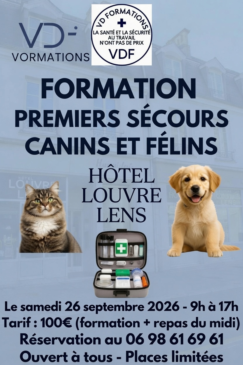 Un chien et un chat devant une trousse de premiers secours aura lieu le 26 septembre à Lens, Rouvroy, Hénin-beaumont, Arras