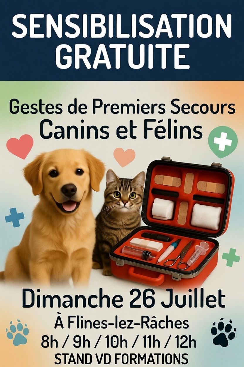 chiens devant une trousse de secours pour une formation de premsiers secours canins et félins chez VD FORMATIONS? Rouvroy, Lens, Metz, Nancy, Douai, Arras, Calais