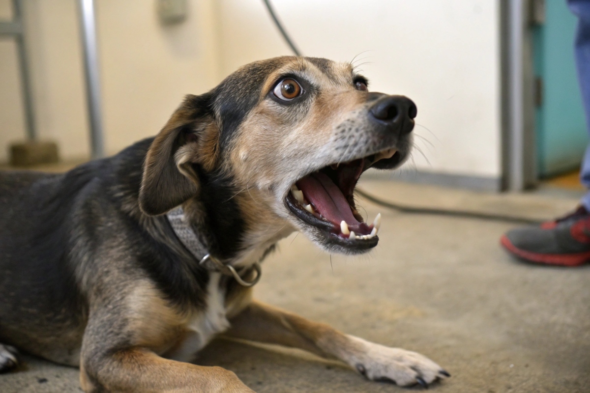 Chien couché au sol, gueule ouverte et expression de détresse, illustrant les signes possibles d’étouffement chez les animaux.