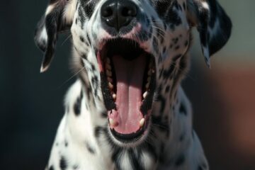 Dalmatien ouvrant grand la bouche et semblant s’étouffer, en gros plan, illustrant un signe d’obstruction respiratoire.